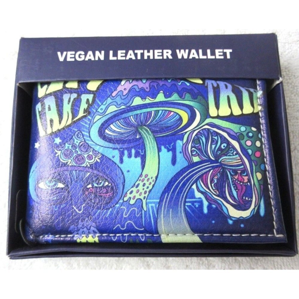 Lets Take a Trip Psychedelics Magic Mushroom Print Bi-Fold Vegan Leather Wallet